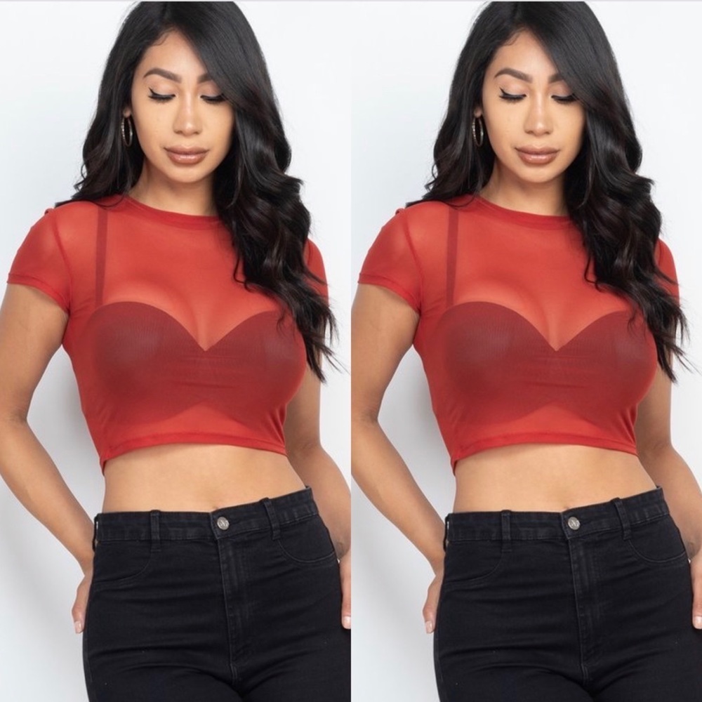 Mesh Crop Top Women Short Sleeve Bodycon Tees See Through Blouse O Neck Clubwear